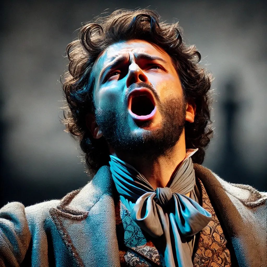 A close-up of an opera singer mid-performance, wearing a dramatic costume and expressing deep emotion.