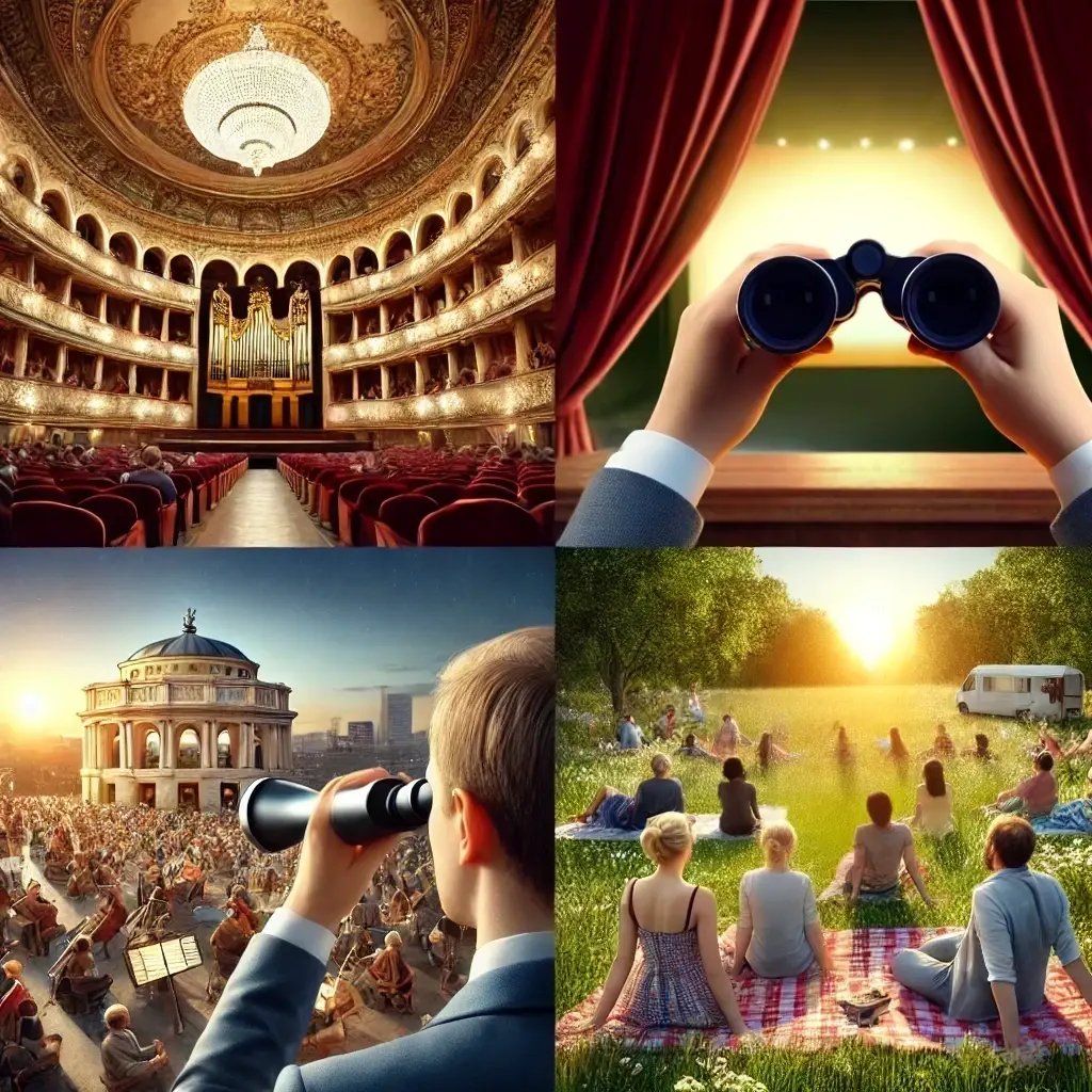 A composite image showing different aspects of opera viewing