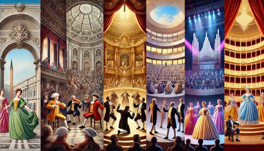 A visually engaging illustration representing the four main eras of opera