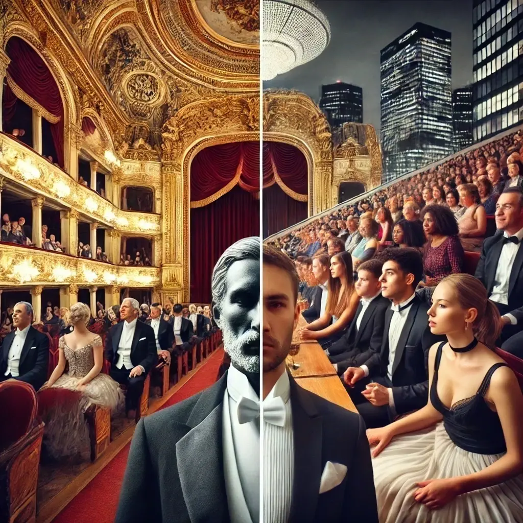 A contrast and split image of elite opera audiences and modern audiences of today